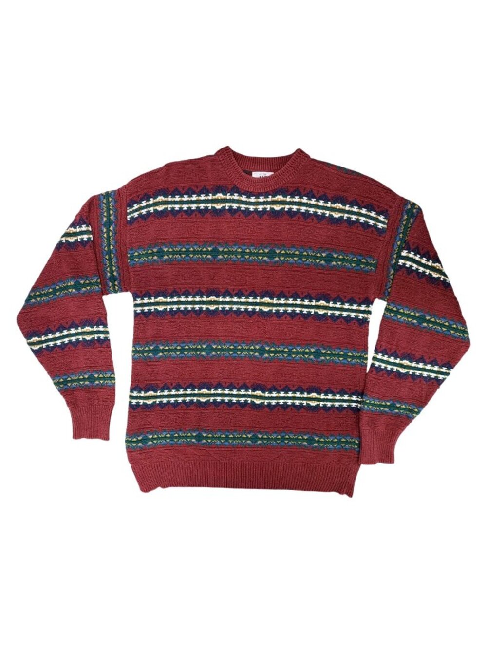 Vintage Van Heusen Sweater Men Medium Burgundy Red Geometric Knit Stripe Grandpa